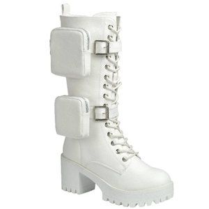 New White Pouch Lace Up Long Combat Military Boots